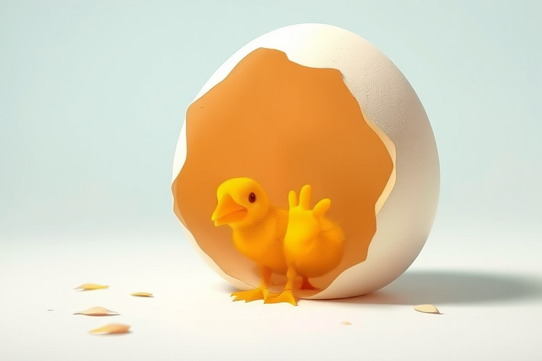 A cartoon-style egg with a cracked surface and small yellow chick feet emerging, bright colors, soft focus, 50mm lens, f/2.8 aperture, natural daylight, high resolution.