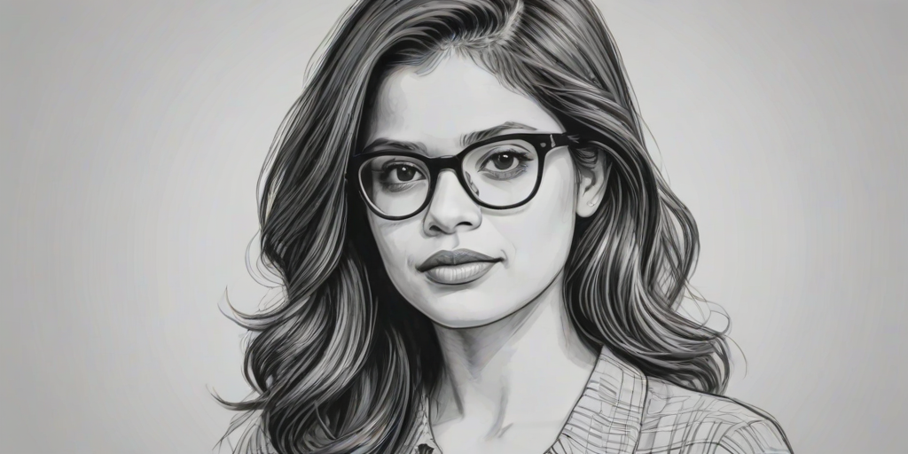 Comely Melonie Diaz, pencil sketch, portrait of Attractive woman 1958s in glasses, hair style beatnik, outline, clear lines, fine lines, 8k