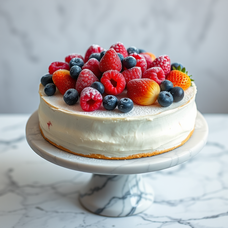 A beautifully decorated cake topped with fresh raspberries blueberries and strawberries dusted with powdered sugar on a marble cake stand with a blurred light background.