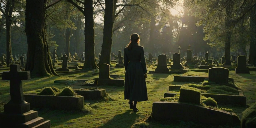 Overgrown cemetery with moss-covered tombstones, a woman walks slowly among the graves, the soft glow of twilight casting long shadows over the landscape.