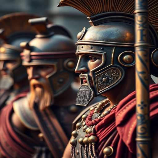 Create a high-resolution image of ancient Greek warriors in a stylized manner, using a DSLR camera with a 50mm lens at f/1.8, ISO 100, and 1/200 sec shutter speed, capturing a close-up view with vibrant colors and intricate details.