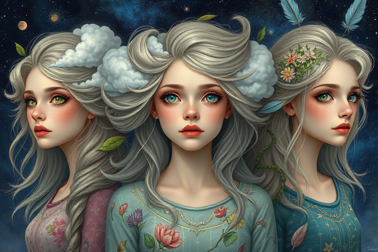 Create a series of imaginative portraits where each subject is infused with elements of fantasy and nature. The hair of the individuals should flow like clouds, varying from soft, fluffy cumulus to wispy cirrus strands, with hints of color reflecting a sunset or a clear blue sky. The eyes should be windows to entire galaxies, with stars, nebulae, and distant planets visible within them. Clothing should be adorned with nature motifs, such as floral patterns that bloom and change, vines that seem to grow and wrap around, or feathers that shimmer with iridescence. Each portrait should capture a unique personality, blending human features with the ethereal beauty of the natural and cosmic world. The backgrounds can vary, from starry night skies to enchanted forests, adding depth and context to the magical realism of the portraits