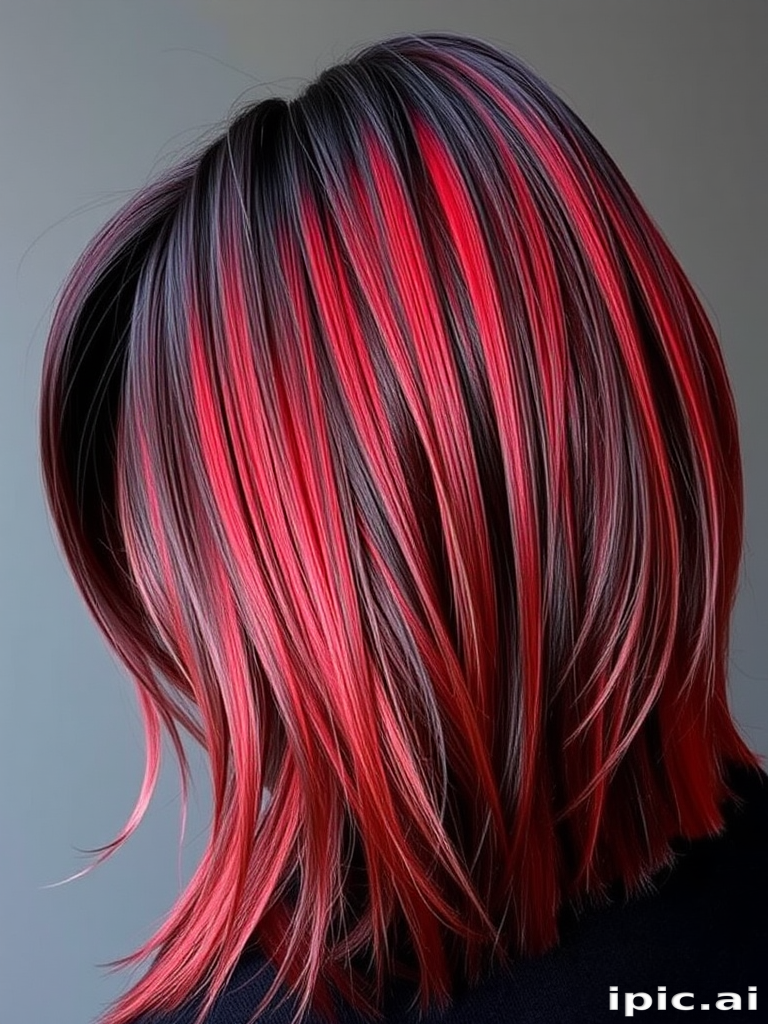 Volcanic ash grey ombre fades into smoldering crimson tips, textured to resemble cooling lava flows with obsidian black accents, exuding raw power