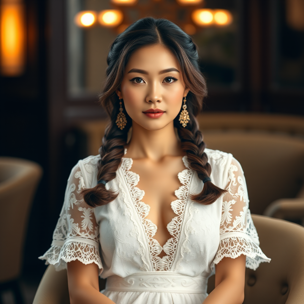 Create a portrait of a refined and elegant Chinese woman seated in a sophisticated setting. She has long, wavy hair styled in two thick braids that are pulled over her shoulders. She wears a white, lace gown with intricate patterns, featuring a deep V-neckline and short sleeves. The dress exudes a vintage charm with its delicate lacework. She is adorned with ornate, dangling earrings that add a touch of glamour to her appearance. The background is softly lit, with warm, ambient lighting that creates a cozy and inviting atmosphere. Her expression is poised and serene, capturing a sense of grace and elegance.
