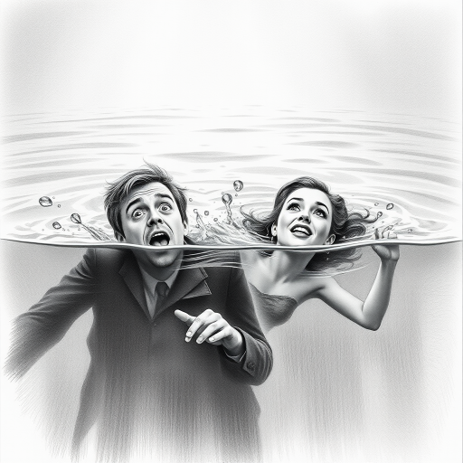 A hyperdetailed photorealistic black and white pencil sketch recreating the iconic scene at the end of Titanic with Jack and Rose floating in the water, only show them making exaggerated funny faces at the camera. Show Rose spitting water at the camera.