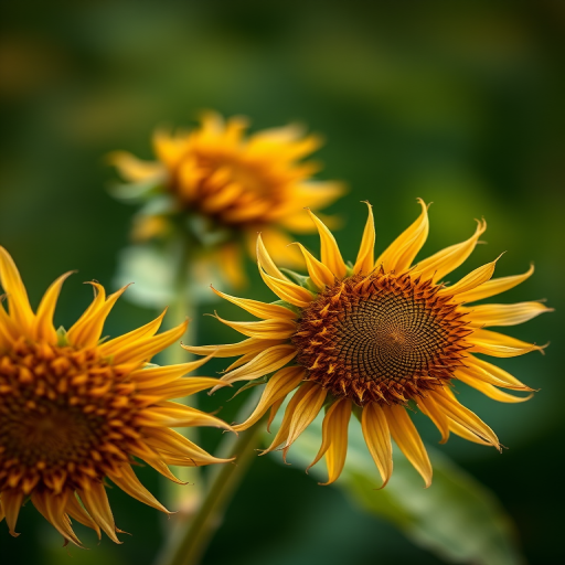 close-up shot of dry sunflower heads with soft golden tones and subtle green background, f/2.8, ISO 100, 1/200s, 50mm lens, macro photography, DSLR camera