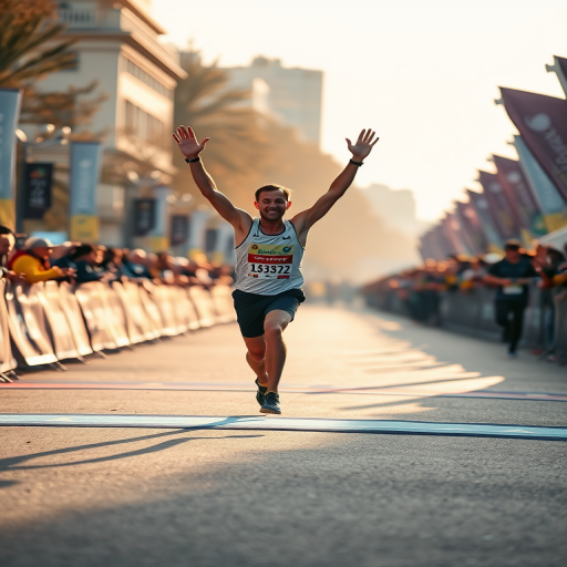 Blurry action shot of a marathon runner crossing the finish line, arms raised in triumph, with distant spectators cheering and soft golden light casting long shadows on the pavement.