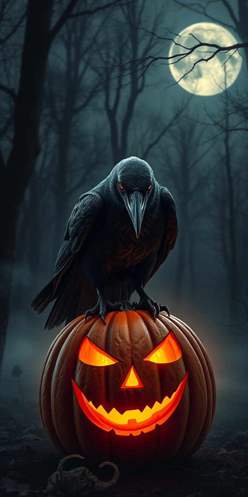 A raven perched on a carved pumpkin with a sinister grin glowing from within surrounded by a dark forest and misty moonlight creating an eerie atmosphere.