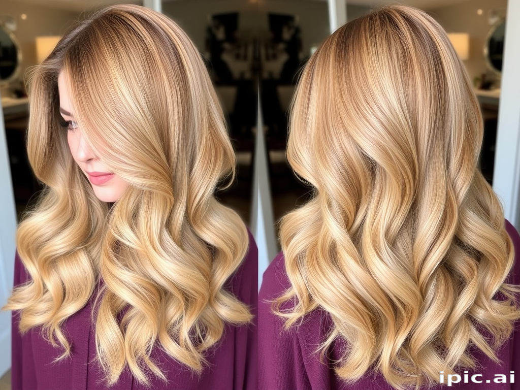 Lustrous honey blonde locks styled in a classic Hollywood wave, accentuated by a single streak of rose gold that adds a touch of modern glamour to the timeless look.