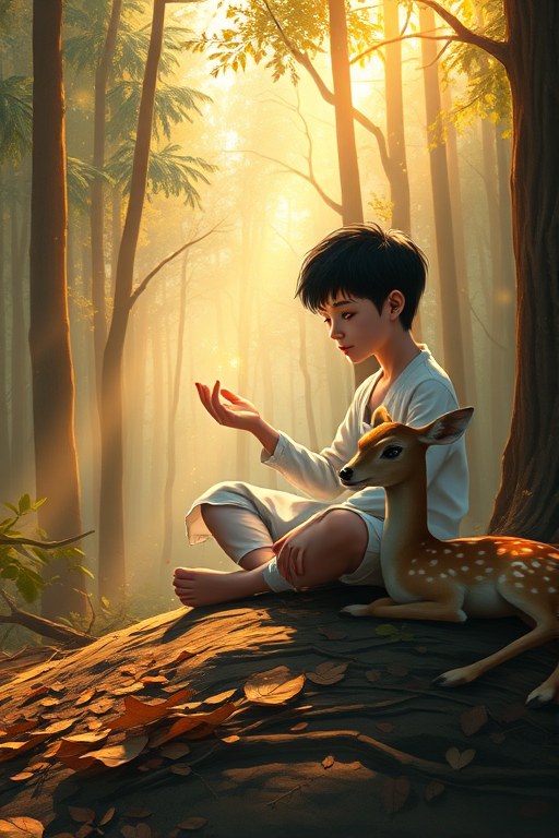 A luminous digital painting of a serene forest scene featuring a barefoot young male, about 7 years old, with black hair and fair skin, dressed in a simple white outfit. He sits cross-legged on the forest floor, gazing at a small, glowing, magical firefly in his hand. Beside him, a delicate spotted deer lies calmly on a bed of dried leaves, observing the scene. The dense forest is bathed in warm, golden light filtering through the trees, creating a peaceful, magical atmosphere with a blend of natural and mystical elements.