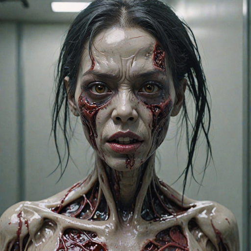 (perspective) of A creepy (ethnicity) zombie cyborg with (descriptive color) skin, (color) lipstick (color) liquid flowing from her eyes and mouth, (perspective two) portrait, (camera angle), extremely detailed, (art style) in the style of Yoshitaka Amano and Tetsuo Hara. --ar 85:128 --style raw --niji 6