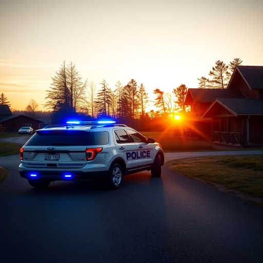 Generate an image of a police SUV parked on a rural road near wooden houses during sunset, with its blue lights flashing, shot with a Canon EOS R5, 24mm lens at f/4, ISO 100, 1/200s, using a warm color palette to enhance the golden hour glow.