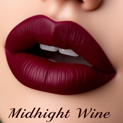 Matte burgundy lips with a velvety texture, named "Midnight Wine," showcasing intricate gold leaf accents along the cupid's bow for added drama