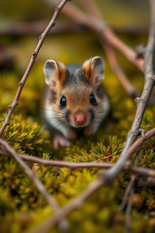 Capture a close-up of a small mouse in a natural setting, surrounded by moss and twigs, using a Canon EOS R5 with a 50mm f/1.2 lens, aperture set to f/2.8, ISO 100, shutter speed 1/200s, with a shallow depth of field to blur the background and enhance the subject's details.