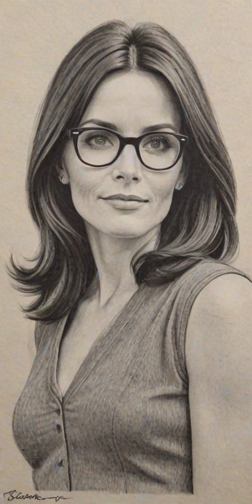 Comely Courtney Cox, pencil sketch, portrait of Wonderful woman 1960s in glasses, hair style beatnik, outline, clear lines, fine lines, 8k