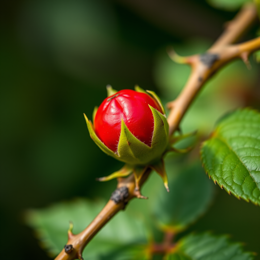 Close-up of a bright red rose hip on a thorny branch surrounded by green leaves, shallow depth of field, 50mm lens, f/2.8 aperture, ISO 200, natural light, macro photography.