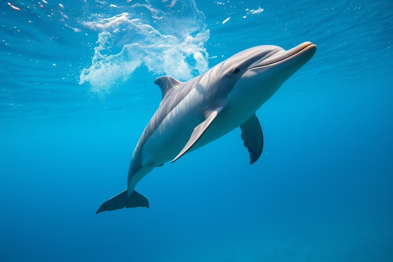 dolphin swimming in clear blue ocean water, underwater view, high-resolution, 24mm lens, f/8 aperture, ISO 200, natural light, HDR technique, DSLR camera