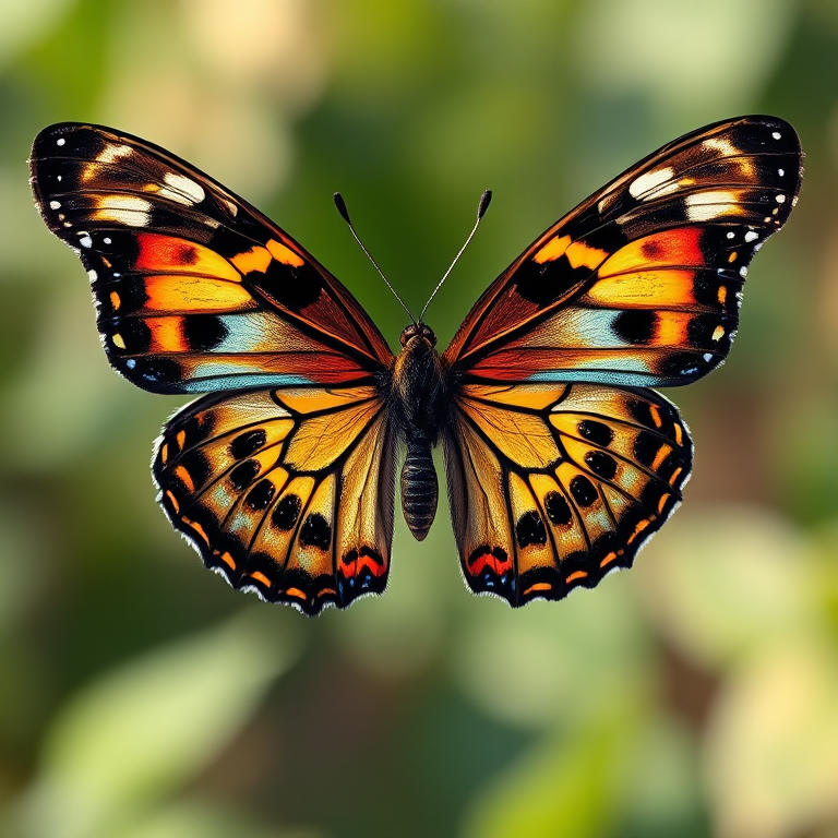 Regenerate a high-resolution image of a butterfly with detailed patterns and colors, using a Canon EOS 5D Mark IV, 85mm f/1.4 lens, aperture set to f/2.8, ISO 100, shot in natural light for vibrant colors and sharp details, focus on the butterfly centered in the frame.