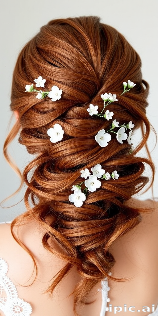 Romantic hair style displaying soft auburn waves pinned into a loose low chignon with delicate floral accessories woven throughout