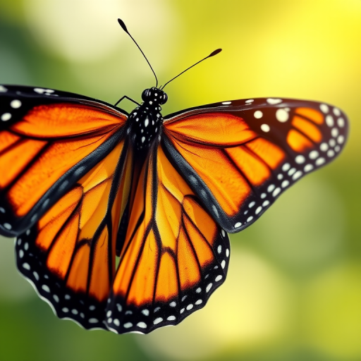 Regenerate a detailed illustration of a Monarch butterfly with vibrant orange and black wings, shot with a Canon EOS R5, 50mm lens, f/2.8 aperture, 1/200 sec shutter speed, and a bright, soft light background for enhanced contrast and clarity.