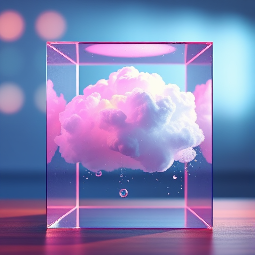 Create a hyper-realistic 3D render of a vibrant cloud encased in a transparent cube, with colorful lighting and water droplets, using a DSLR camera at f/2.8 aperture, ISO 100, 50mm lens, shot from a low angle with soft focus background.