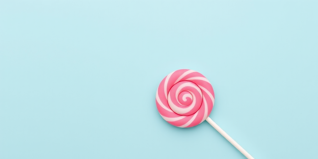 Create a vibrant flat lay image of a pink lollipop on a light blue background, using a Canon EOS R5 with a 50mm f/1.2 lens, aperture set to f/2.8, shutter speed 1/125s, ISO 100, captured in soft natural lighting for a clean and appealing look.