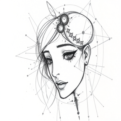 Sketch-style tattoo titled "Artistic Reverie" featuring loose pencil-like strokes and incomplete lines creating an unfinished aesthetic with a mix of detailed and abstract elements