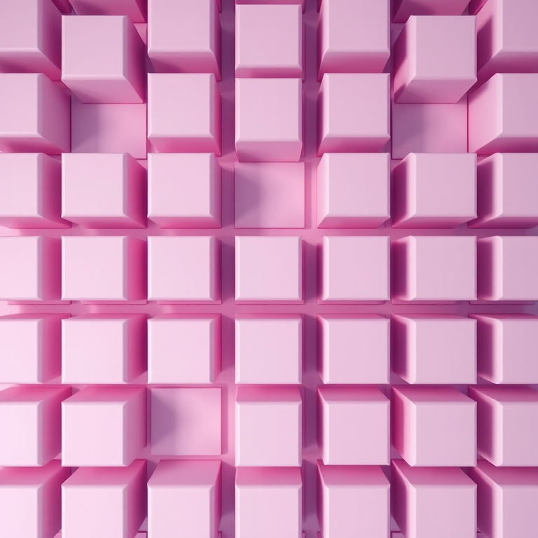 Create a high-resolution image of repeating 3D cubes in a gradient of soft pink and lavender, ensuring sharp edges and subtle shading, using a Canon EOS 5D Mark IV camera with a 50mm lens at f/8, ISO 100, and a 1/100s shutter speed, capturing a symmetrical top-down view with enhanced contrast and clarity.