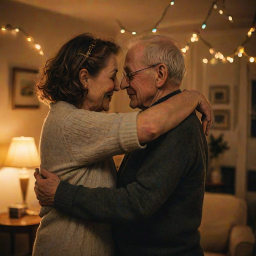 Low-light, intimate photo of an elderly couple dancing in their living room, soft jazz playing in the background, fairy lights strung along the ceiling, the woman resting her head on her partner's shoulder, soft shadows from a nearby lamp casting a warm glow.
