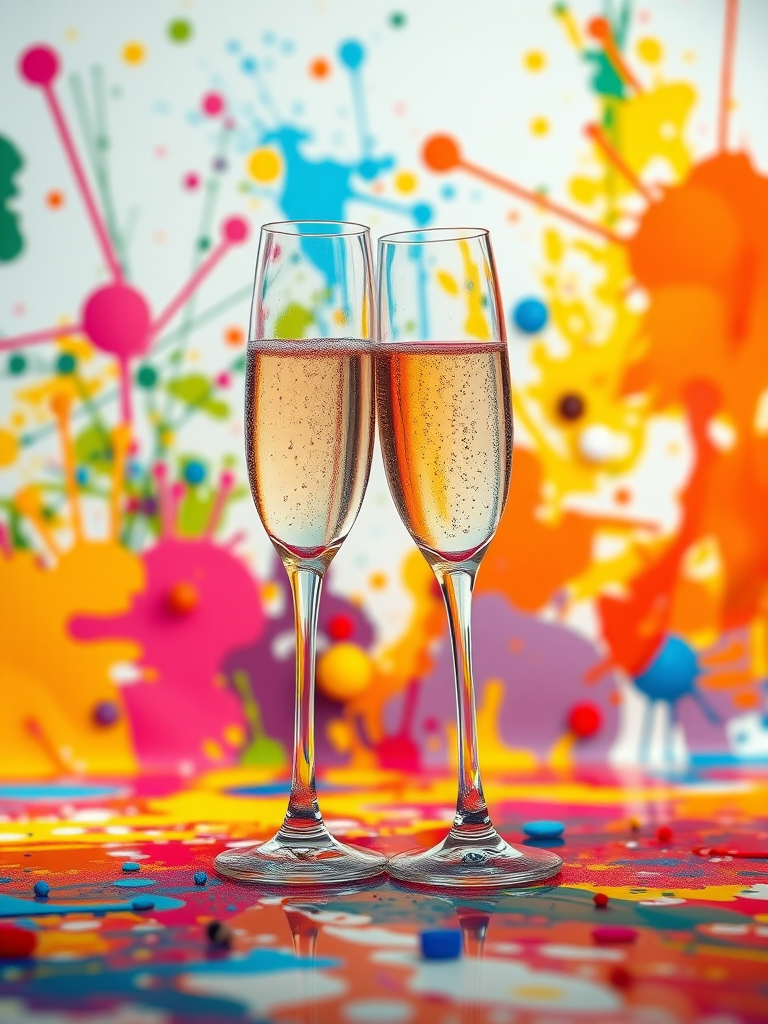 Create a vibrant abstract illustration of two champagne flutes in a colorful setting with splashes of paint, using a Canon EOS R5 with a 50mm f/1.2 lens, aperture set to f/2.8, ISO 100, in natural light, capturing a bright and cheerful atmosphere.