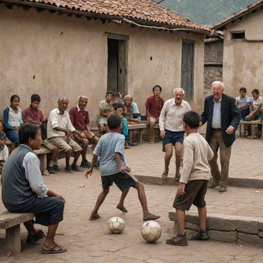 Children playing soccer in a small village square, their laughter filling the air, while old men sit on benches, watching the game unfold.