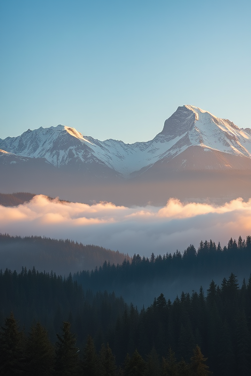 regenerate a breathtaking mountain landscape featuring snow-capped peaks at sunrise, with mist rising over dense forests, shot with a Canon EOS R5, 24mm lens, aperture f/8, ISO 100, shutter speed 1/125 sec, in landscape view for enhanced detail and color depth