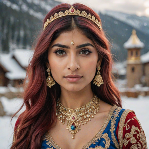 mia khalifa with long, flowing red hair, wearing a traditional, ornate red and blue costume with gold accents and intricate embroidery, stands facing the viewer in a close-up portrait. Her hair is styled in a high ponytail and adorned with a pair of golden, winged hairpieces. She wears gold earrings and her makeup is accented with light pink blush and a bright red lip. She has a soft and slightly melancholic expression, with her eyes looking directly at the camera. The background is a blurred, out-of-focus snowy landscape, with the woman in the foreground. The lighting is soft and natural, creating a warm, intimate atmosphere. The image is composed using a shallow depth of field, with the woman as the main focal point. The overall style is elegant, delicate, and fairytale-like.