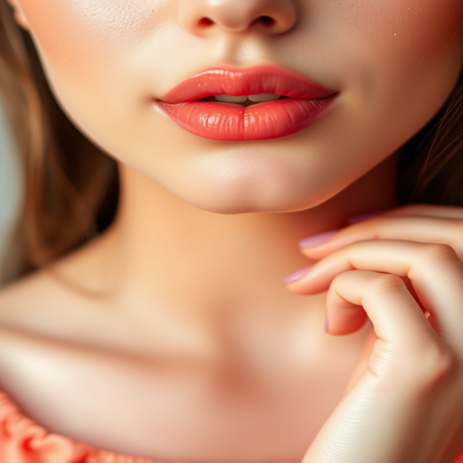 Soft pastel peach lips with a hint of sparkle, natural-looking fullness, dewy finish mimicking fresh fruit, youthful and radiant Peachy Dew Glimmer aesthetic