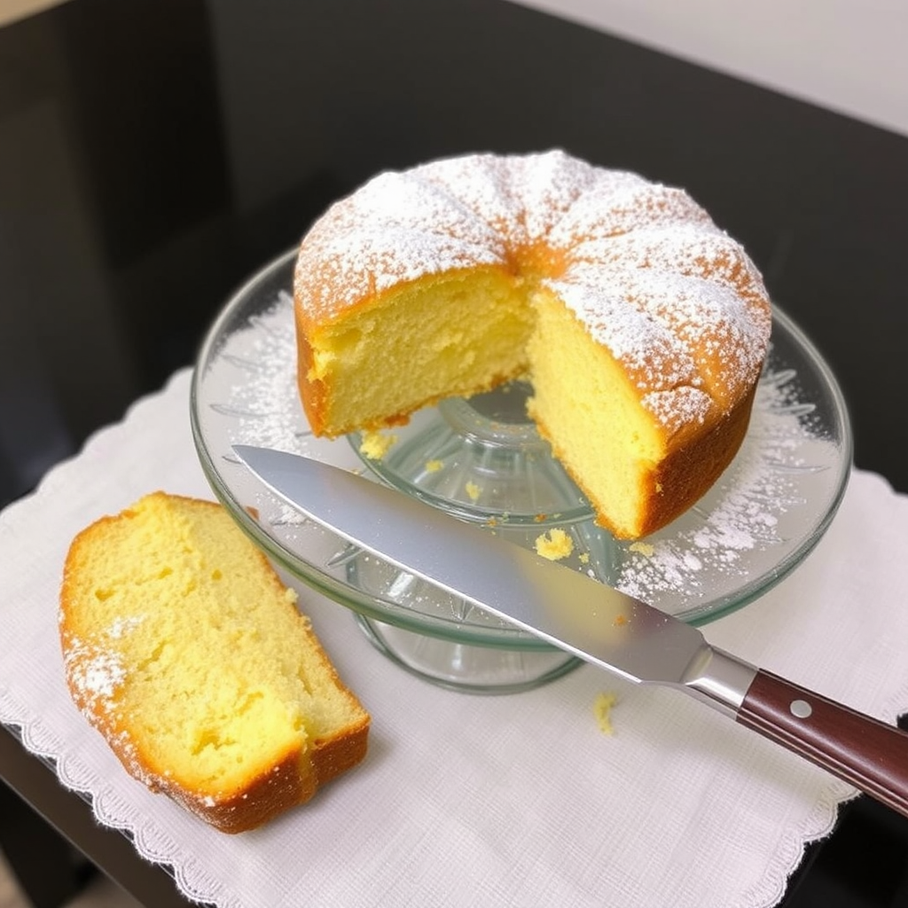 A freshly baked golden cake dusted with powdered sugar on a glass cake stand with a slice cut out and a knife resting beside it.