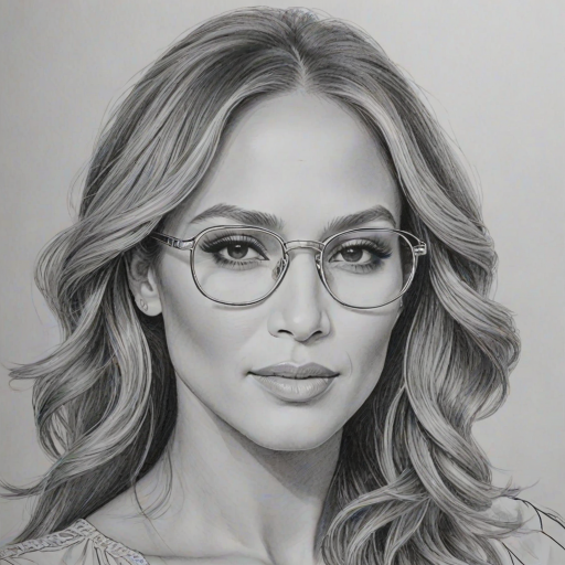 Dazzling Jennifer Lopez, pencil sketch, portrait of Beauteous woman 1943s in glasses, hair style beatnik, outline, clear lines, fine lines, 8k