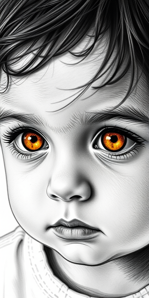 A hyperdetailed photorealistic black and white sketch of a beautiful toddler with deep orange eyes, with a macro focus