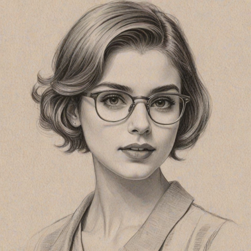 Lovely Sami Gayle, pencil sketch, portrait of Exquisite woman 1933s in glasses, hair style beatnik, outline, clear lines, fine lines, 8k