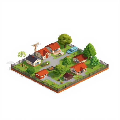 Generate a detailed isometric illustration of a village with multiple houses, trees, and a surrounding fence, using a DSLR camera at f/8 aperture, ISO 200, 24mm focal length, wide-angle view, and high dynamic range for enhanced image quality.