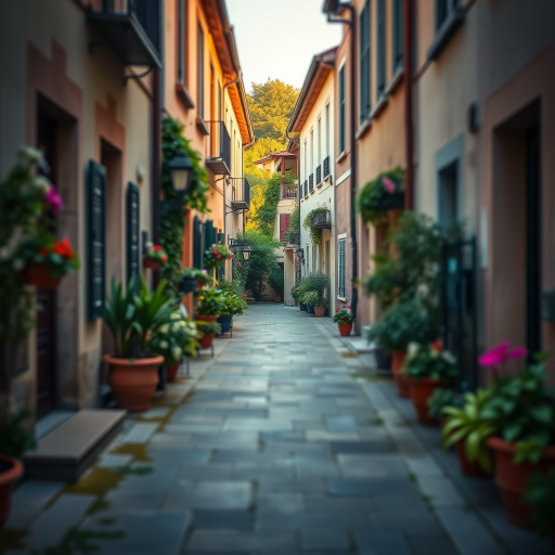 generate a serene alleyway scene surrounded by charming buildings with flower pots and greenery, using a DSLR camera with a 35mm lens, aperture set to f/5.6, ISO 200, at golden hour for soft lighting, high dynamic range for enhanced details, and a slight tilt-shift to emphasize the foreground.