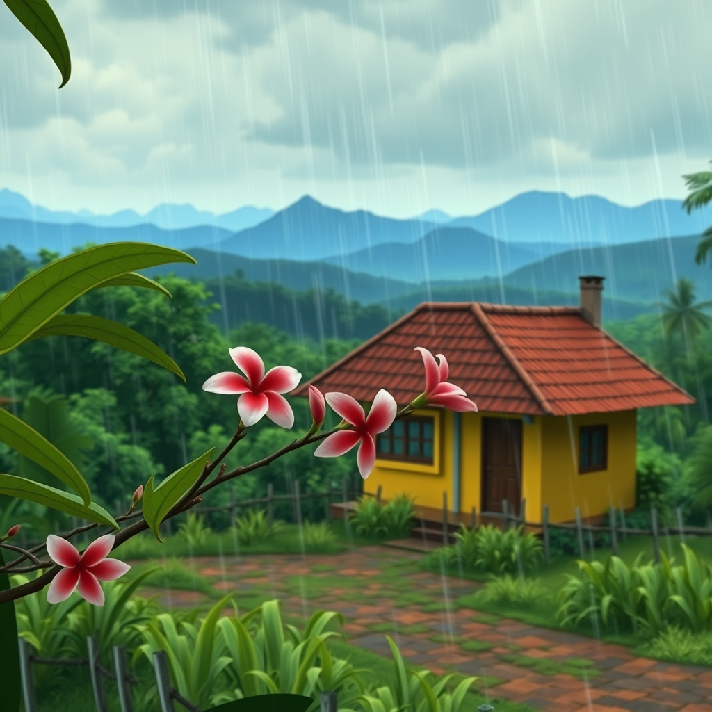 A rural, small bungalow with yellow walls and a red-tiled roof. The bungalow is nestled in the lush landscape of Colombia, Costa Rica. In the foreground, a branch of tropical flowers from a flowering tree. In the background, distant hazy mountains. There is a stormy sky and heavy rain. An animated still-shot from Studio Ghibli, Hayao Miyazaki.