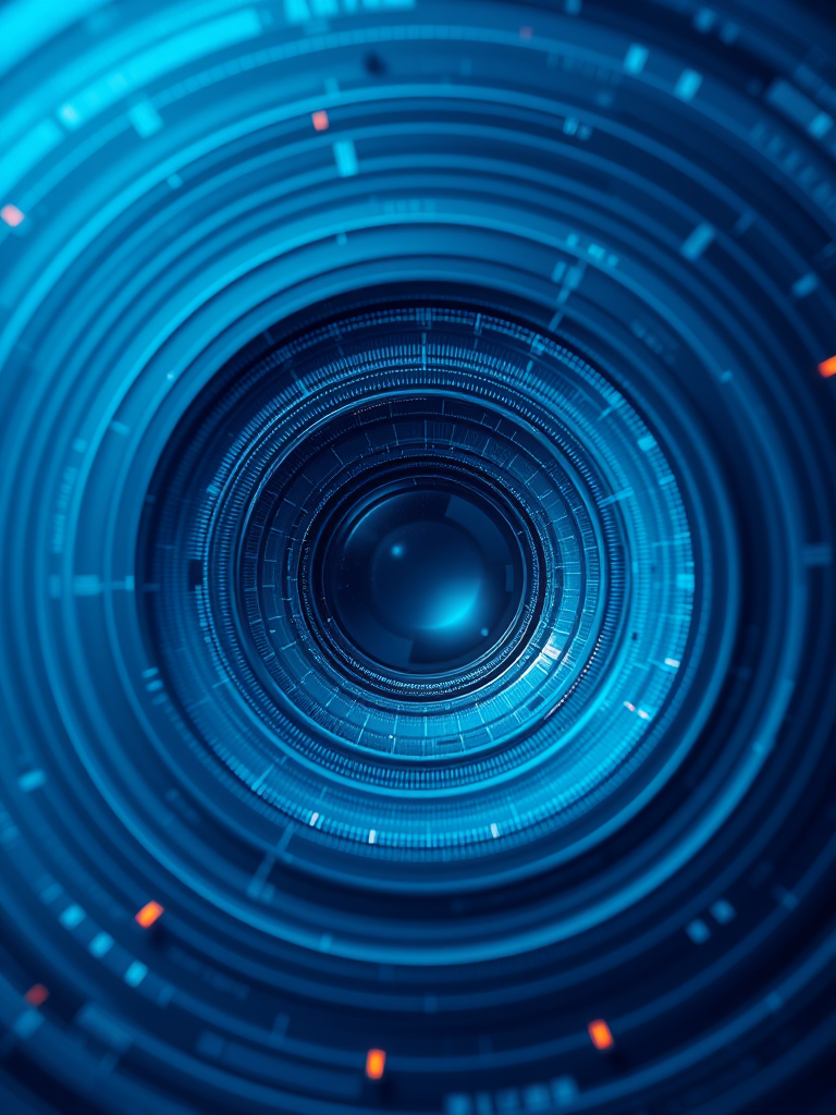 Create a high-resolution abstract image featuring concentric circles and digital elements in varying shades of blue, captured with a Canon EOS R5, 50mm lens, f/1.8 aperture, ISO 100, at a 1/250 shutter speed, using a soft focus style.