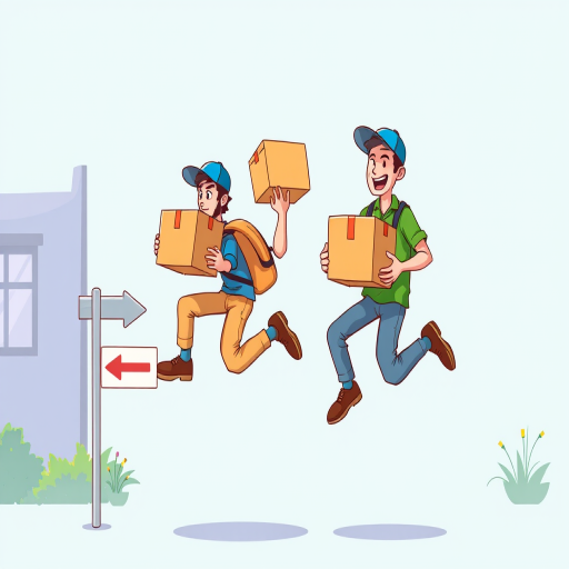 Illustration of two cartoon delivery workers jumping with boxes, one in blue and one in green, with a house sign pointing left, bright colors, 35mm lens, f/8 aperture, ISO 200, natural lighting, high dynamic range.