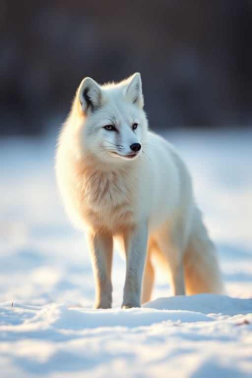 arctic fox standing in snow, soft lighting, shallow depth of field, ISO 100, f/2.8, 1/500 sec, telephoto lens, DSLR, 85mm focal length, natural environment, enhance detail and clarity