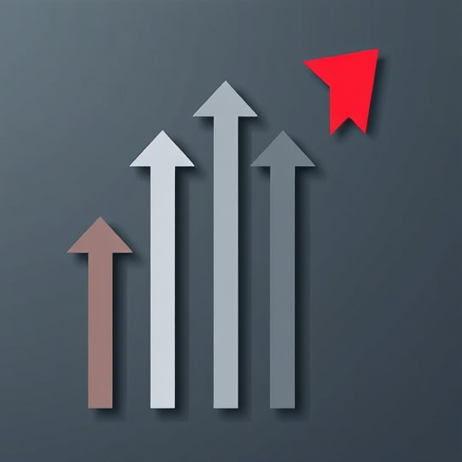 create a vector graphic of multiple arrows pointing upwards with one arrow in red and the others in shades of gray, use a clean minimalist style, set camera to ISO 100, aperture f/8, focal length 35mm, top-down view, shot with a digital camera