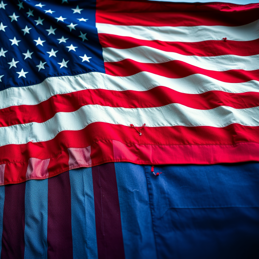 Create an image of a distressed American flag with vibrant red, white, and blue colors, shot in HDR with a 50mm lens at f/8, 1/125 sec, ISO 200, using a DSLR camera from a slight low angle to enhance depth and detail.