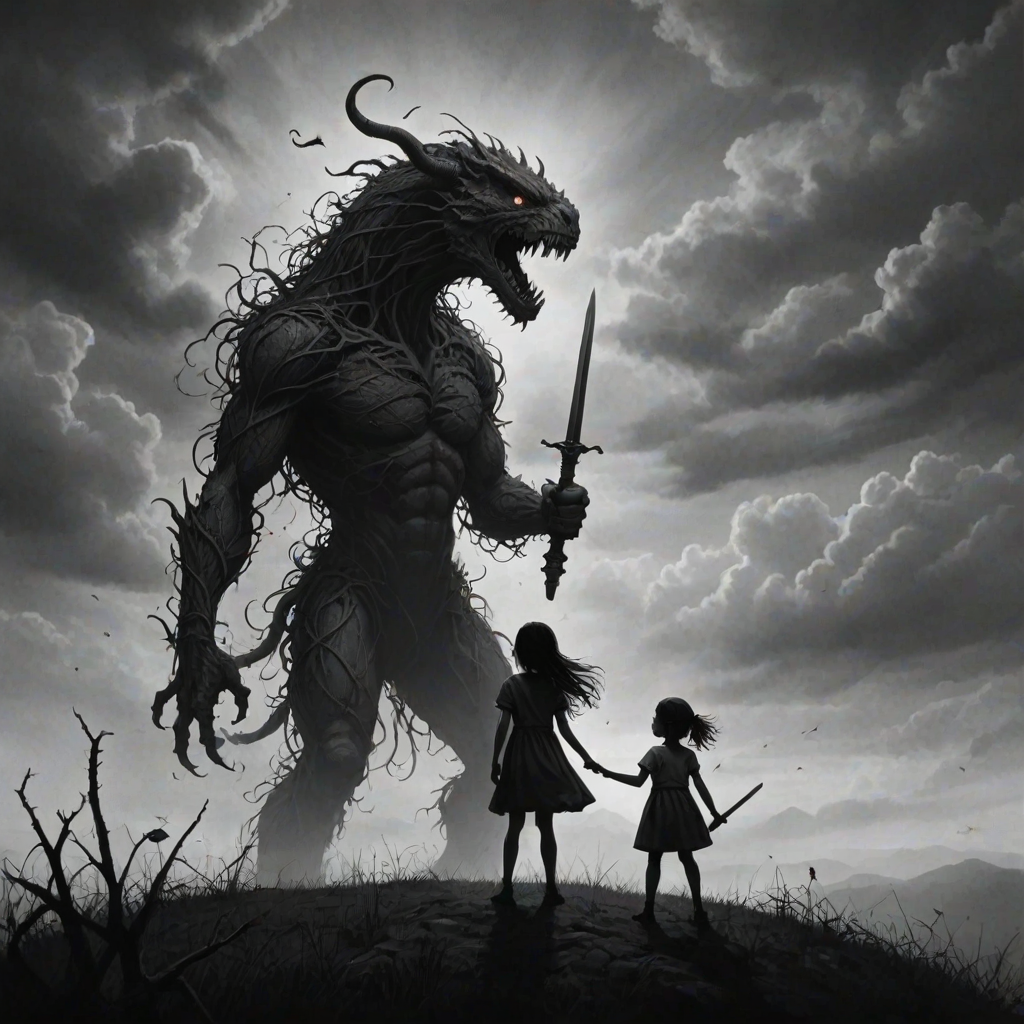 Fight your fears illustration of black and white minimalist of a little girl standing on a hill, raising a sword in hand, she is facing a large menacing creature with large head, sharp teeth and sharp claws, its body is made of vines and roots. The background is a cloudy sky with a hint of smoke or fog. The overall mood of the image is dark and eerie.