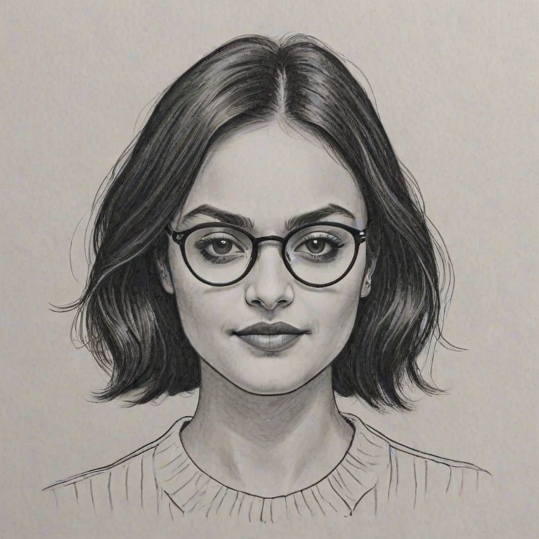 Wonderful Camila Mendes, pencil sketch, portrait of Fetching woman 1932s in glasses, hair style beatnik, outline, clear lines, fine lines, 8k