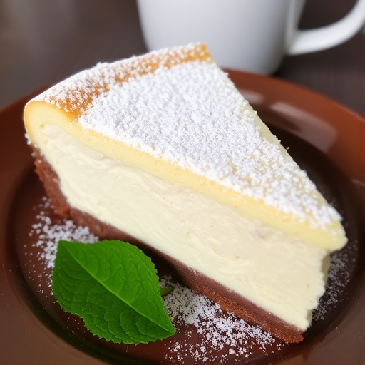A fluffy and creamy cheesecake slice dusted with powdered sugar served on a brown plate with a fresh green leaf beside it and a cup in the background.