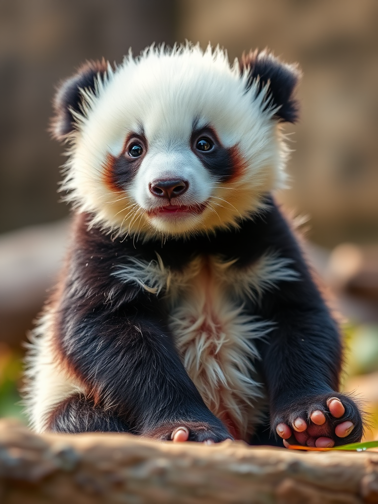 Generate a high-resolution image of a cute baby panda sitting, captured with a Canon EOS R5, 50mm f/1.2 lens, ISO 100, aperture f/2.8, natural soft lighting, and a slight bokeh effect in the background.